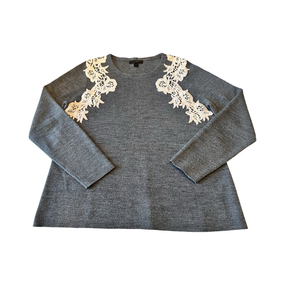 J.Crew Gray Merino Wool Blend‎ Lace Applique Shoulder Sweater Womens Medium